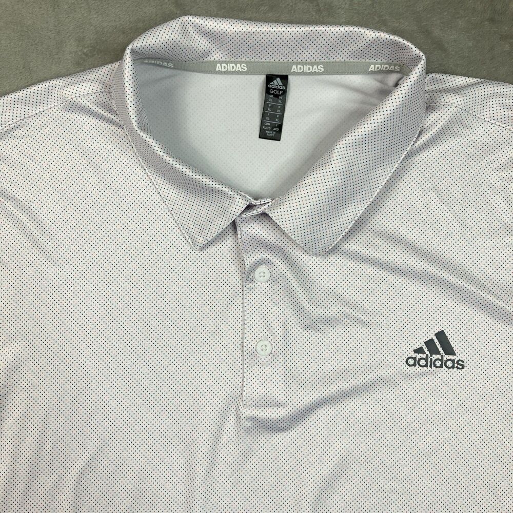 Adidas Polo Shirt Mens XL White Short Sleeve Logo Dotted Golf Shirt Activewear